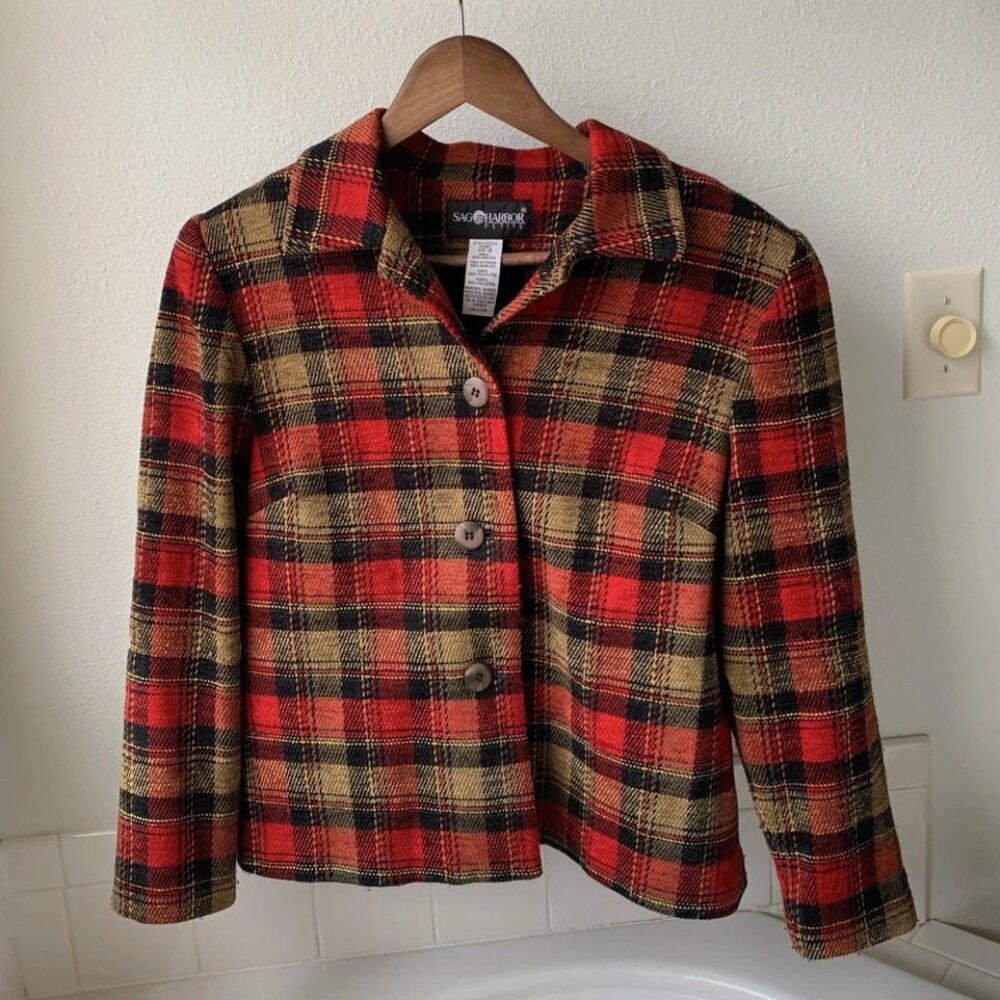 Sag Harbor Women Red Plaid Blazer Jacket Size 8 Button Front Collared